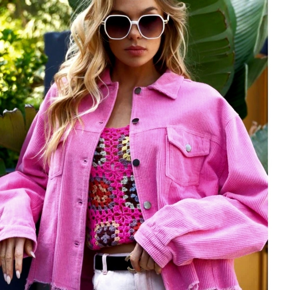 POL Pink Corduroy Jacket with Multicolor Crochet Top